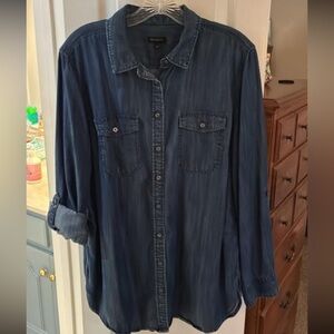 Talbots Denim Lyocell Button-Up Shirt SZ L Roll Tab Sleeve
